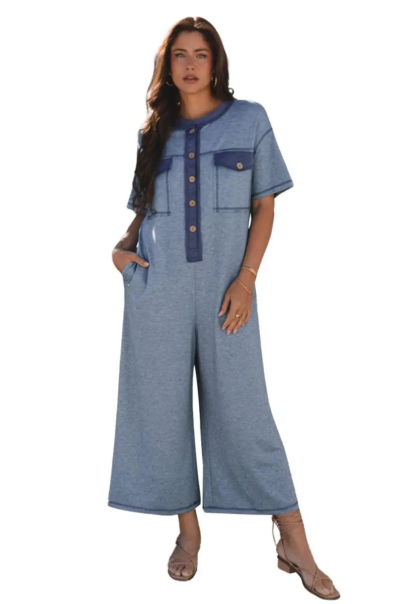 Beau Blue Half Placket Chest Pockets Short Sleeve Jumpsuit - Love Salve